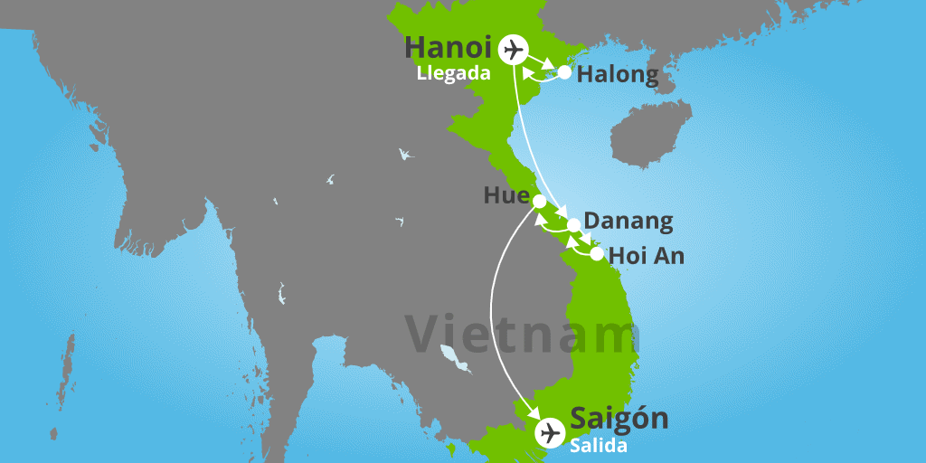 Mapa del viaje: Viaje a Vietnam clásico en verano: Hanoi, Ha Long, Da Nang, Hoi An y Ho Chi Minh en 12 días con salidas garantizadas