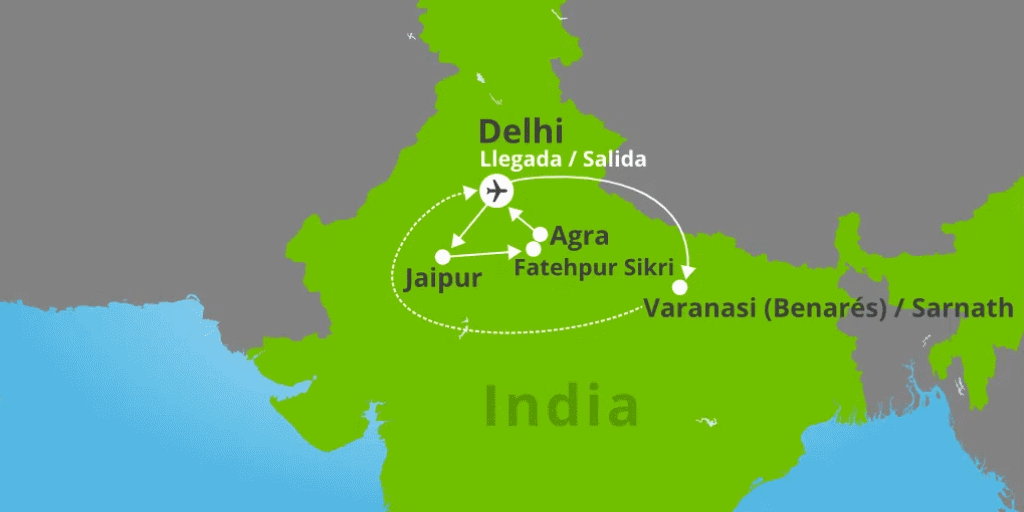 Mapa del viaje: Viaje a la India espiritual en verano: triángulo de oro con Benarés en 11 días con salidas garantizadas