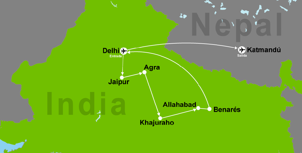 Mapa del viaje: Viaje a India clásica y Nepal en 16 días