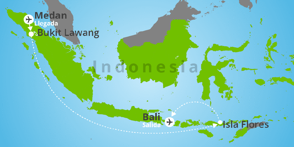 Mapa del viaje: Viaje a Indonesia con islas Bali, Sumatra, Komodo y Flores en 13 días