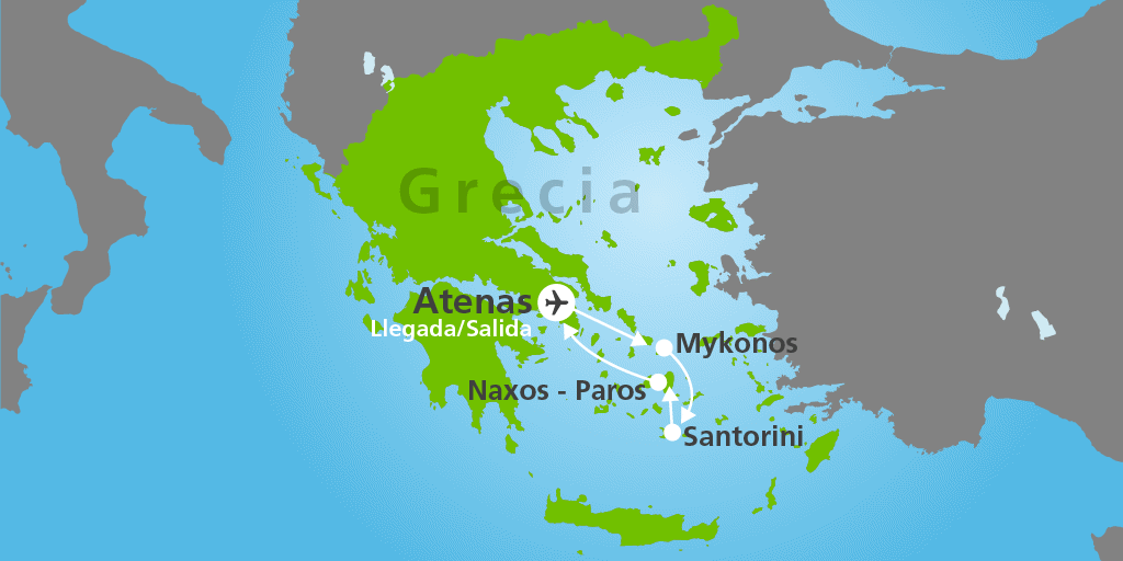 Mapa del viaje: Viaje a Islas griegas: Atenas, Mykonos, Santorini, Naxos y Paros en 12 días