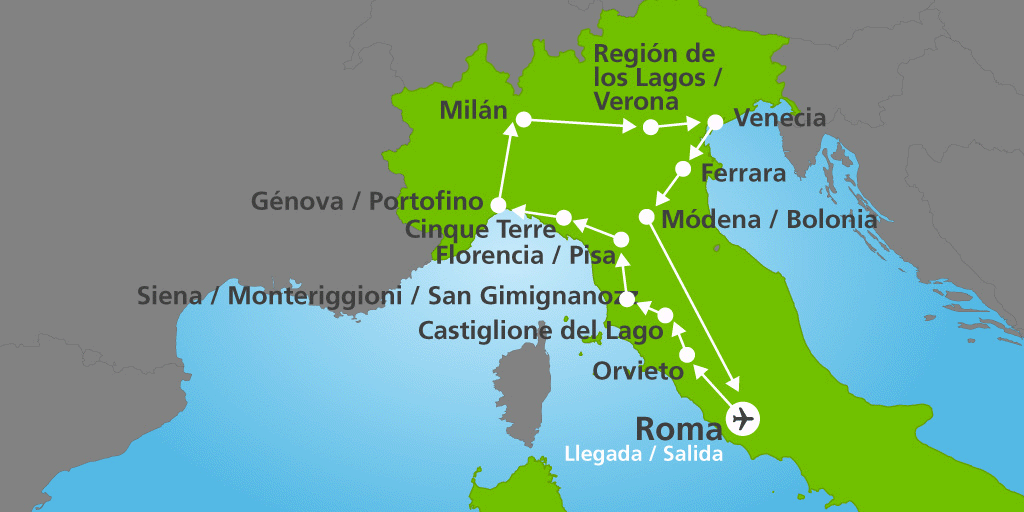 Mapa del viaje: Circuito por el norte de Italia: Milán, Roma y la Toscana en 13 días
