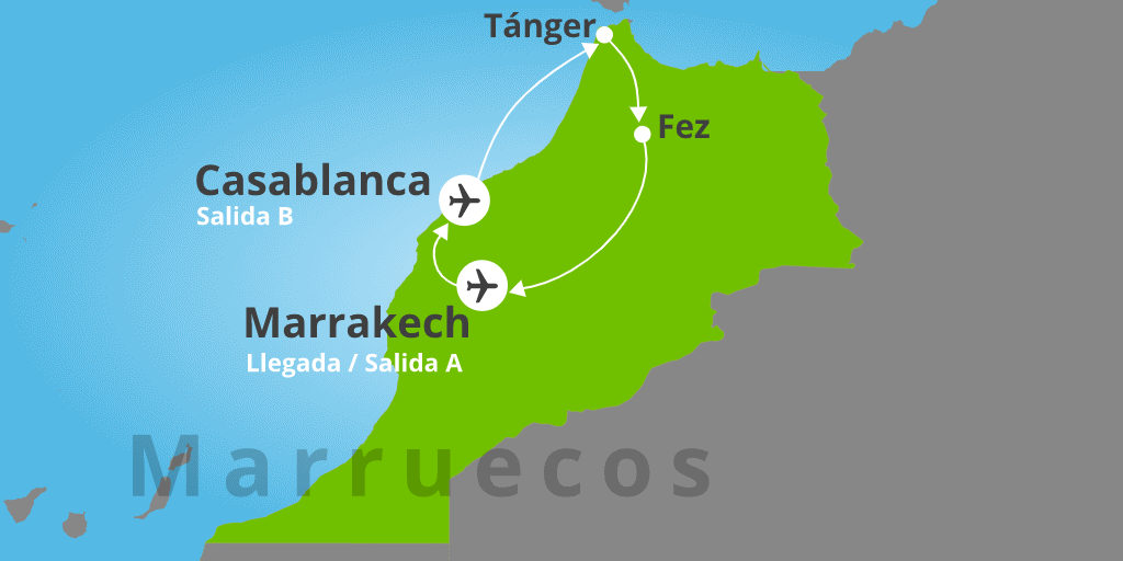 Mapa del viaje: Viaje organizado a Marruecos de 8 días