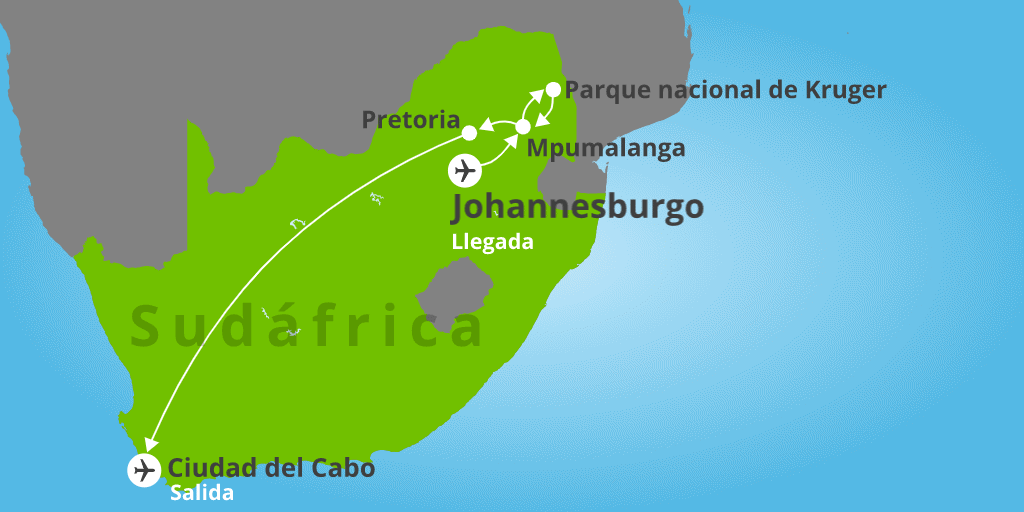 Mapa del viaje: Viaje organizado a Sudáfrica de 9 días