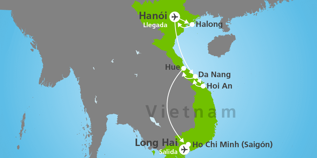 Mapa del viaje: Viaje de norte a sur de Vietnam con playas de Long Hai en 15 días