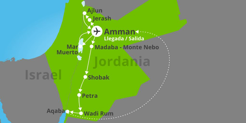 Mapa del viaje: Viaje por Jordania, desierto de Wadi Rum y Mar Rojo 8 días con salidas garantizadas Mapa del viaje: Viaje por Jordania, desierto de Wadi Rum y Mar Rojo 8 días con salidas garantizadas