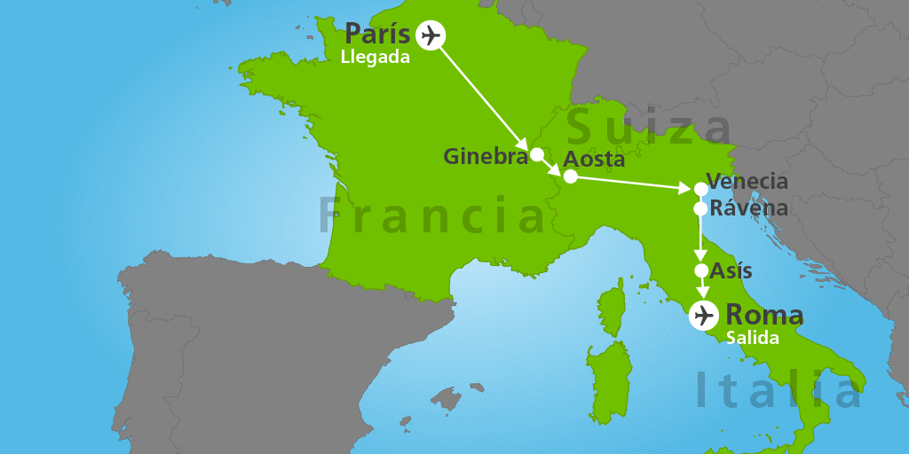 Mapa del viaje: Viaje por París e Italia en 9 días