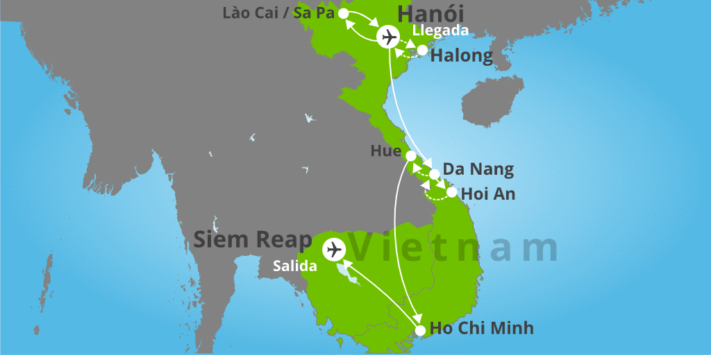 Mapa del viaje: Viaje por Vietnam y Camboya 17 días