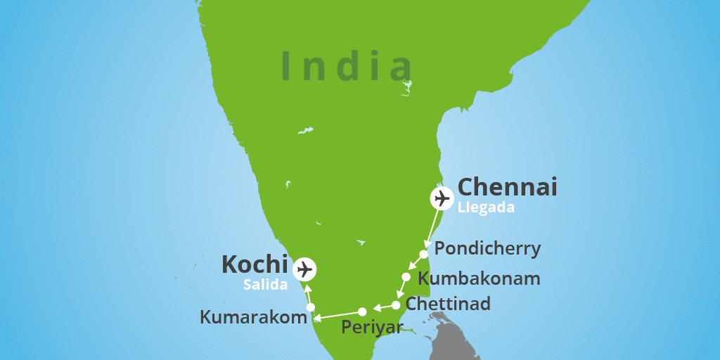 Viaje a los místicos templos del sur de India. El camino te llevará por pintorescos palacios en Chennai y la ciudad sagrada de Kanchipuram. Visita el campamento de elefantes y participa de su baño. 7