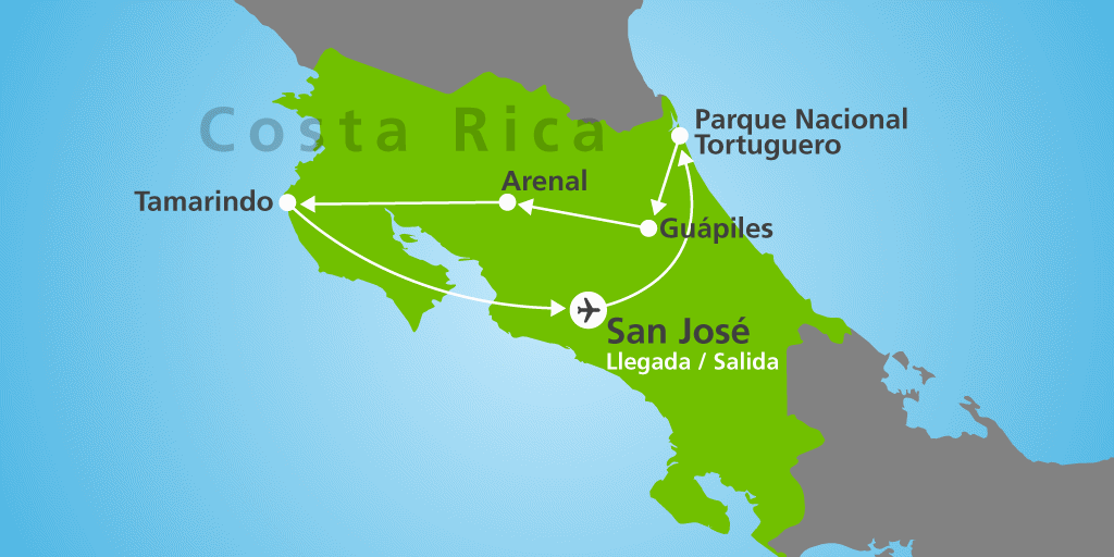 Mapa del viaje: Viaje a Tortuguero, Arenal y las playas de Tamarindo 11 días