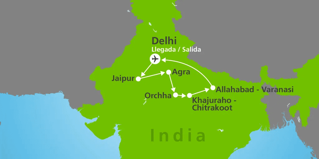 Mapa del viaje: Viaje a Triángulo de Oro con Khajuraho y Benarés en 12 días