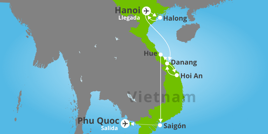 Mapa del viaje: Viaje por Vietnam de 15 días y playas de Phu Quoc