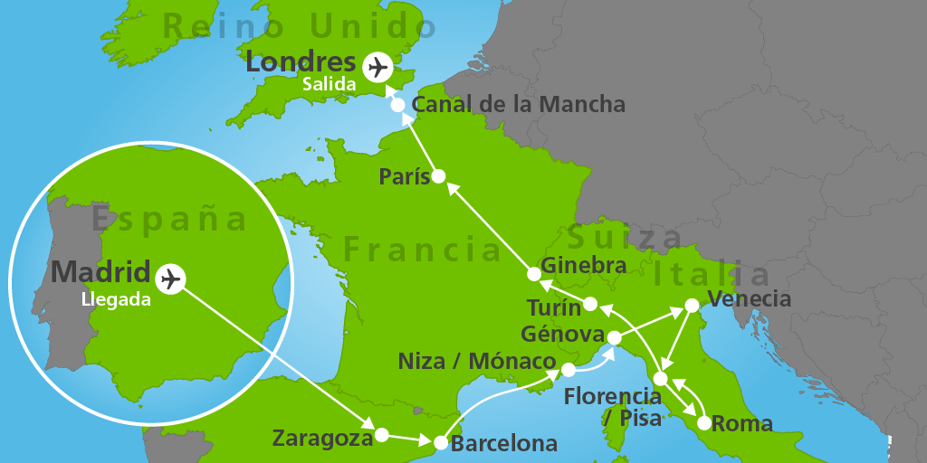 Tour por España, Italia, Francia y Londres. Recorre Madrid, Zaragoza, Barcelona,  la Costa Azul, Florencia, Roma, Turín, París y Londres. 7