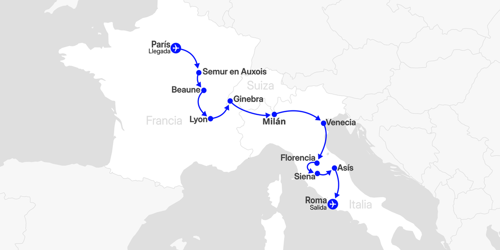 Mapa del viaje: Tour por París, Lyon, Florencia, Venecia y Roma en 11 días