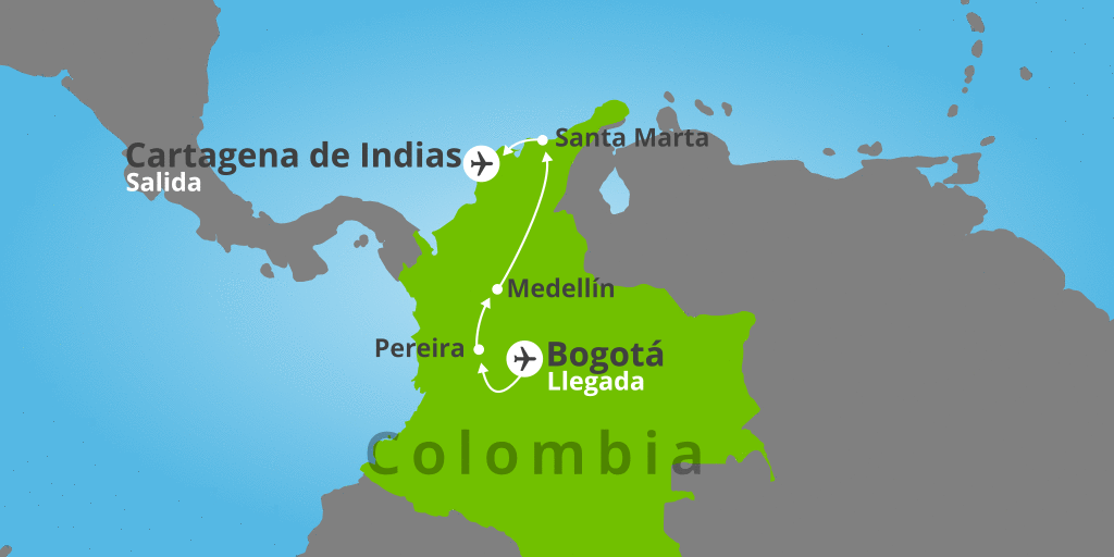 Mapa del viaje: Viaje a Colombia de 16 días: Eje Cafetero, Medellín, Santa Marta y Cartagena