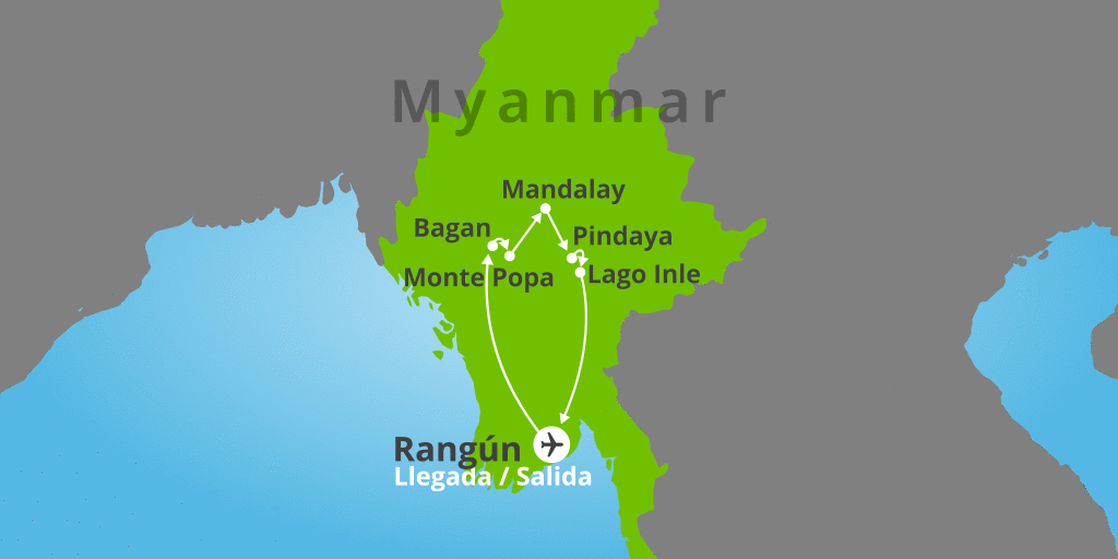 Mapa del viaje: Viaje a Myanmar de 15 días