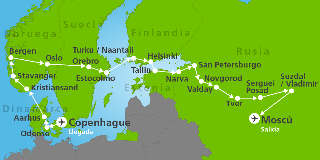 Viaja por Escandinavia y Rusia. Recorre Dinamarca, Noruega, Finlandia y Estonia. Moscú será el broche de oro para finalizar nuestro viaje por Europa. 7