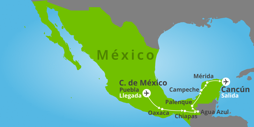 Mapa del viaje: Viaje a México de 15 días con Oaxaca, Chiapas y Riviera Maya