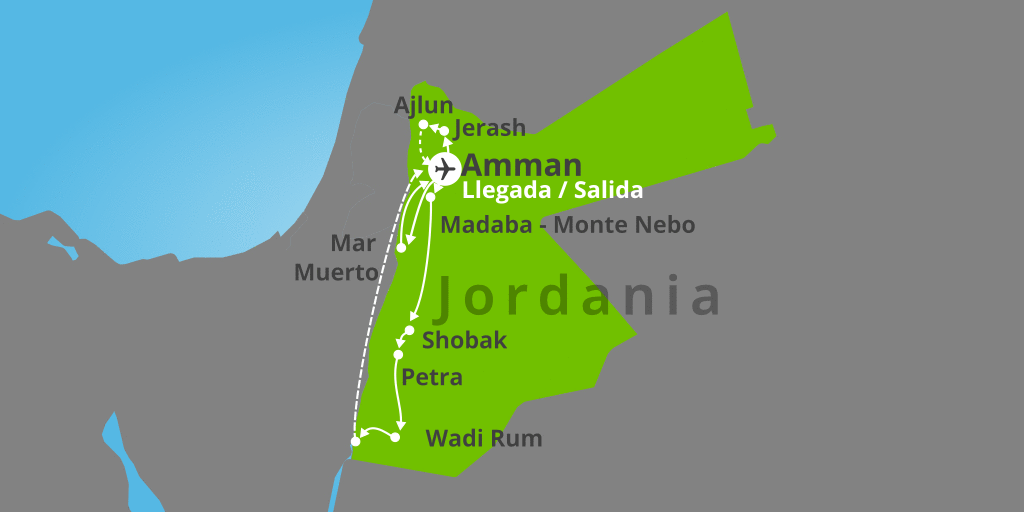 Mapa del viaje: Viaje por Jordania, desierto de Wadi Rum y Mar Rojo 8 días con salidas garantizadas