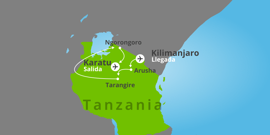 Mapa del viaje: Viaje con safari a Serengeti y Ngorongoro de 8 días