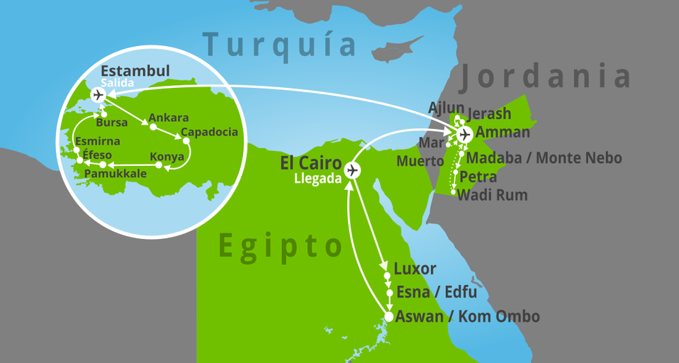 Mapa del viaje: Viaje combinado a Egipto, Jordania y Turquía en 23 días