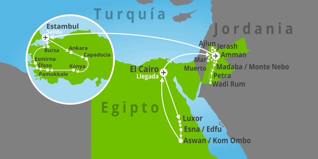 Mapa del viaje: Viaje combinado a Egipto, Jordania y Turquía en 23 días
