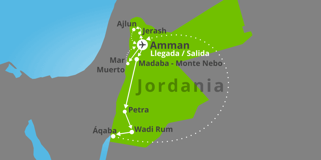 Mapa del viaje: Viaje por Jordania, desierto de Wadi Rum y Mar Rojo 8 días